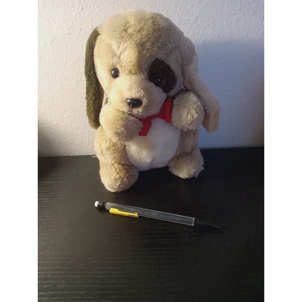 Vintage Russ Berrie Puppy Dog Plush Stuffed Animal Tan Brown Eye Patch Red Bow